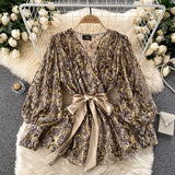 Women Retro Snake Print Blouse Long Sleeve V Neck Sashes Casual Tops Autumn Fashion Loose Streetwear Female