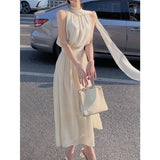 party 2022 Summer Elegant White Dress Women Slim Pure Color One Piece Dress Koraen Casual Fairy White Beach Sleeveless Dress Y2k