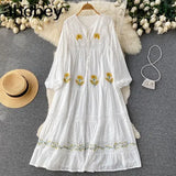 Women Summer Bohemian Casual Loose Midi Dresses Flower Embroidery White Color Zaful Boho Street Vestidos Elbise Traf