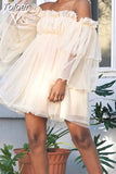 Off Shoulder Ruffle Loose Beach Dress Women Casual Slash Neck Ladies Mini Dress Elegant Sheer Long Sleeve Mesh Party