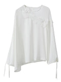 Toloer Chiffon Women's New Elegant Three-Dimensional Lace Pearl Yarn Micro Reveals Shoulder Belt Long-Sleeved Shirts In Spring