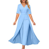 Office Lady Jumpsuit Patchwork V Neck 2023 New Summer Lace Up Women One Piece Long Trousers Solid Overalls