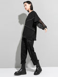 Women Black Zippper Mesh Spliced Big Size T-shirt New Round Neck Long Sleeve Fashion Tide Spring Autumn 2023