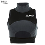 Sisterlinda Sexy Hollow Out Fitness Tank Top Bra Tees Fall Sleeveless Patchwork Turtleneck Cropped Top Letter Print