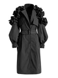 Fashion Women's Trench Coat Lapel Single Breasted Shoulder Ruffle Long Sleeve Belt Windbreaker Autumn 2023 New