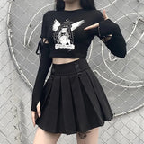 Graduation party Drawstring Patchwork Long Sleeve Crop Top Printed Gothic Bodycon T Shirt Women Streetwear Punk Black Autumn Fashion