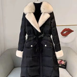 Pattern Slim Waist Parkas Women Fashion Furry Turn Down Collar Coats Women Elegant Long Thick Warm Cotton Jackets