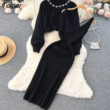 Winter Women Knitted Sets Fashion Breading Long Sleeve Pearl Sweater+Knitted Camis Dress Sets Fashion Sweater
