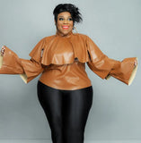 Plus Size High Neck Ruffles PU Leather Long Sleeve