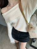 Winter Off Shoulder Elegant Knitted Sweater Women Slim Tassels Pullover Office Lady Korean Fashion Y2k Crop Tops