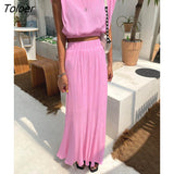 Pleated Elegant Skirt Sets O-Neck Shoulder Pads Tank Top Summer Outfit Elastic Waist Trumpet Long Skirts Women Suits