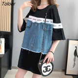 Trendy T Shirts Women Casual Short Sleeve Top Loose Outer Wear Fashion Denim Stitching Design Sense T-shirt Womens
