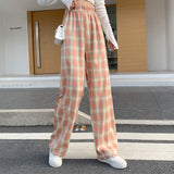 Pants Women Wide Leg Loose 4XL Plus Size Slacks Trousers Checkered High Elastic Waist All-match Girl 2021 Spring
