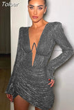 Autumn Deep V Collar Full Sleeves Mini Dress for Women Fashion Dress Sexy Ruched Club Party Dress