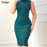 New Fashion Elegant Women High Neck Studded Decor Ribbed Sleeveless Green Sexy Bodycon Dress Corset Party Wear Robes