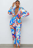 Winter Elegant Printed Long Sleeve Blazer and Match Pants Set 2 Piece OL