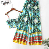 Boho Vintage Pattern Print Women 2 Piece Set Spring 2023 Midriff Baring Wide Leg Pant Retro Chic Beach Vacation Women