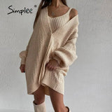 Simplee Sexy buttons v-neck long sleeves knitted mini dress set women Sexy crop tank top sweater coat suit Loose two pieces