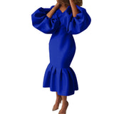 African Large-Size Women's Fashion Pure-Color V-Neck Bubble Long-Sleeved Fishtail Skirt