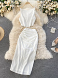 Summer Women Black/White Two Piece Set Vintage O-Neck Sleeveless Camis + High Waist Draped Midi Skirt Casual Suit New