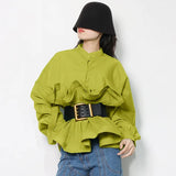 Toloer All-Match Shirt Female Spring 2024 New Standing Collar Long Sleeve Pleated Flounces Careful Machine Lace Top-Outfit