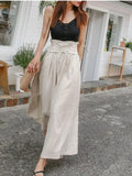 Spring Summer Drawstring Wide Leg Pants Cotton Linen High Waist Trousers Ninth Pants Loose Casual Pants Women Bottoms