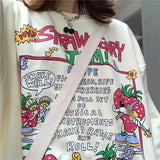 Strawberry Jam Print Oversized Sweatshirt-Outfit