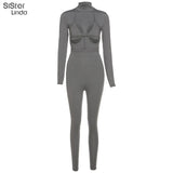 Women Sexy Bodycon Cut Out Hole Strap Bra Skinny+Jumpsuit Two Piece Outfits Casual Activewear Streetwear Female Stretch