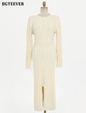 Autumn Winter O-neck Women Package Hip Sweater Dress Fashion Slim Waist Twisted Split Female Knitted Vestidos
