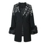 Women Rhinestones Fur Collar Cotton-padded Blazer New Lapel Long Sleeve Jacket Fashion Tide Autumn Winter 2023