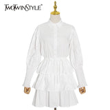Hollow Out White Dress For Women Lapel Puff Long Sleeve High Waist Mini Dresses Female Fashion Clothing 2020
