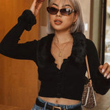 Women Short Cardigans Faux Fur Collar Crop Top Black Single Breasted Female Thin Sweater 2022 Spring Sexy Ladis