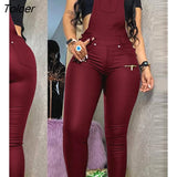 Women Fashion Elegant Casual Buckled Zipper Design Suspender Jumpsuit Square Neck Thick Strap Pocket PU
