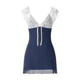 Fairy y2k Dress 2000s Women Lace Patchwork V Neck Backless Mesh Short Dress Vintage Aesthetic Clubwear Party