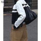 Korean Street Contrast Black White Print Leather Jackets Motorcycle O Neck PU Coats Zip Up Moto & Biker Women Tops