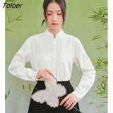 Women Shirts 2022 Autumn Long Sleeve Vertical Collar Blouse Textural Printing White Chic Casual Streetwear