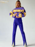 Fashion Blue Pu Leather Pants Women Elegant Slim High Waist Trousers Streetwear Full Length Slit Pants Female