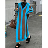 Women Striped Knitting Big Size Long Warm Dress New V-Neck Long Sleeve Loose Fit Fashion Tide Autumn Winter 2022