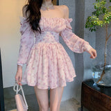 Floral Mini Chiffon Dress Korean Women 2022Spring Summer Elegant Sexy Square Neck Puff Sleeves High Waist Party