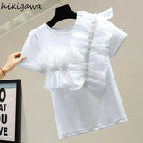 Shirts for Women Ruffles Patcheork Tshirt Fashion Sequins Y2K Tops White Black T-shirts Ropa Mujer Korean Summer