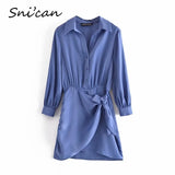 Knots Shirt Dress Mini Long Sleeve Aymmetric Short Robe Chemise Femme Za 2021 Women Spring Fashion Vestidos Cortos