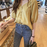 Women Summer Chiffon M-4XL V-neck Single-breasted Elegant Lantern Sleeve Leisure Korean Style Loose All-match Newest
