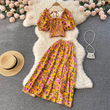 Summer Bohemian Women Floral Printed Two Piece Set Sexy Beach Suit Square Collar Puff Sleeve Short Tops + Skirt New Fashion