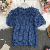 New Summer Sweet All-match O-neck puff sleeve Blouse hollow out Lace Crochet stitching Shirt