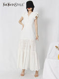TWOTWINSTYLE Elegant Solid Dress For Women Stand Collar Flying Sleeve High Waist Minimalist Long Dresses Female Fashion