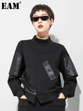 Women Big Size Black Pu Leather Spliced Pocket T-shirt New Turtleneck Long Sleeve Fashion Tide Spring Autumn 2023