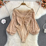 Hollow Women Rompers Puff Sleeve Slash Neck Sexy Slim Jumpsuits Autumn Korean Off Shoulder Short Bodysuit