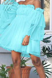 Off Shoulder Ruffle Loose Beach Dress Women Casual Slash Neck Ladies Mini Dress Elegant Sheer Long Sleeve Mesh Party