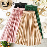 Korean Style Pleated Midi Skirt Women Casual New Fashion High Elastic Waist Skirts Black Pink Elegant Skirt Belt