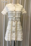 Runway Dress Women Woven Plaid Tweed O-neck Short Sleeve Diamonds Buttons Pearl Chain Tassel Belt Vintage Tweed